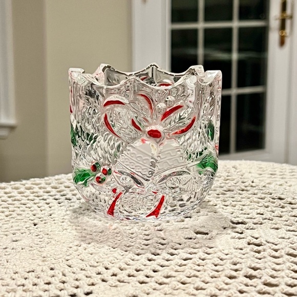 Mikasa Holiday Bells Crystal Votive Candle Holder Frosted Bells Ribbons Holly - Picture 3 of 4